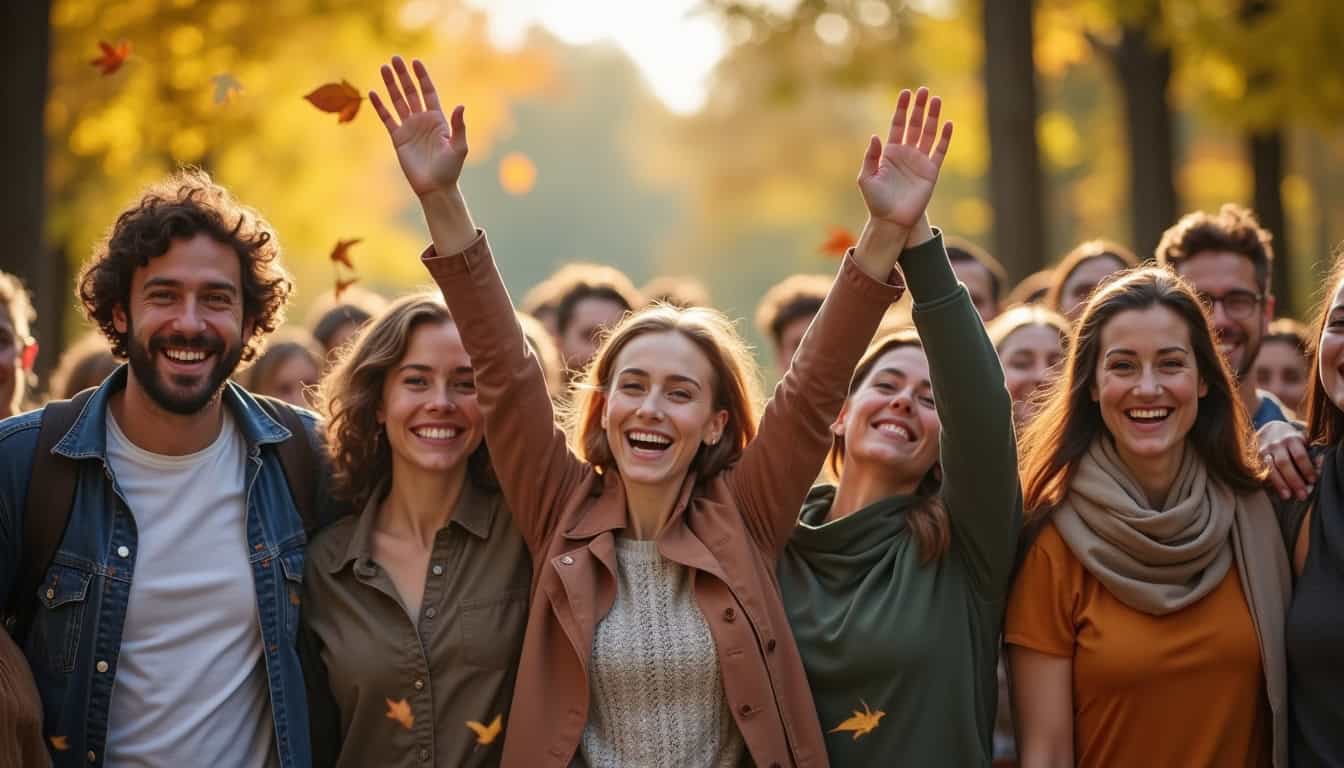 Photo de groupe de personnes souriantes profitant de l'automne en plein air.