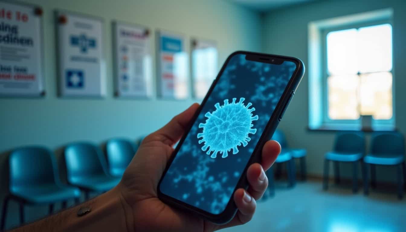 Smartphone affichant une image de virus, dans une salle d'attente médicale.