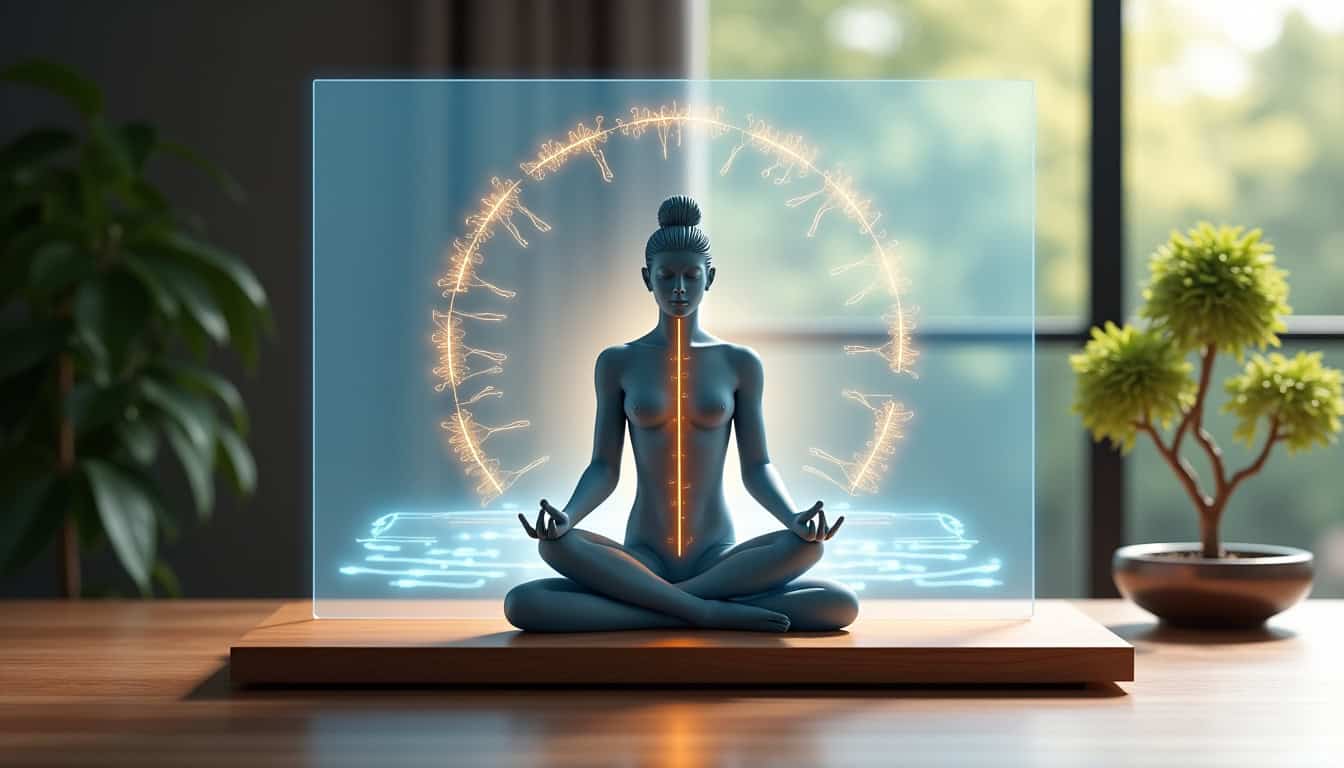Femme méditant en position de lotus avec hologramme lumineux, ambiance zen et technologie moderne.