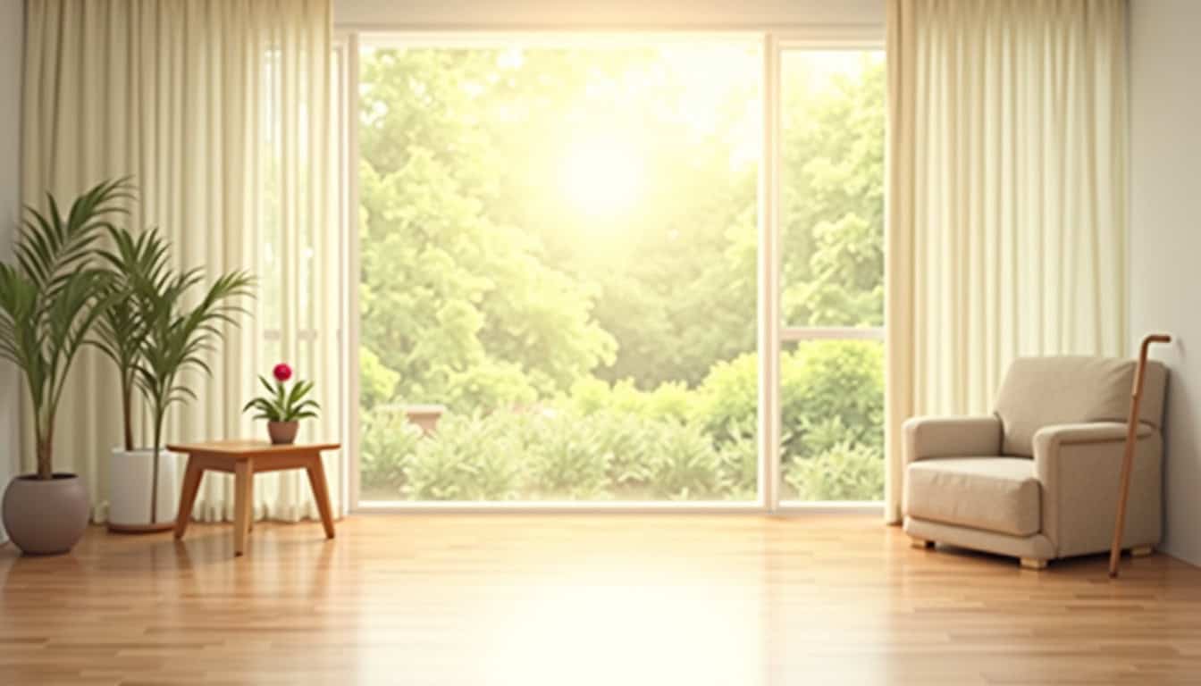 Panneau de fenêtre laissant entrer la lumière naturelle, vue sur la verdure extérieure.