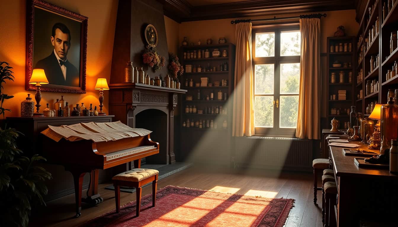 Vieux salon élégant avec cheminée, bibliothèque et lumière naturelle. Décor vintage et ambiance chal.