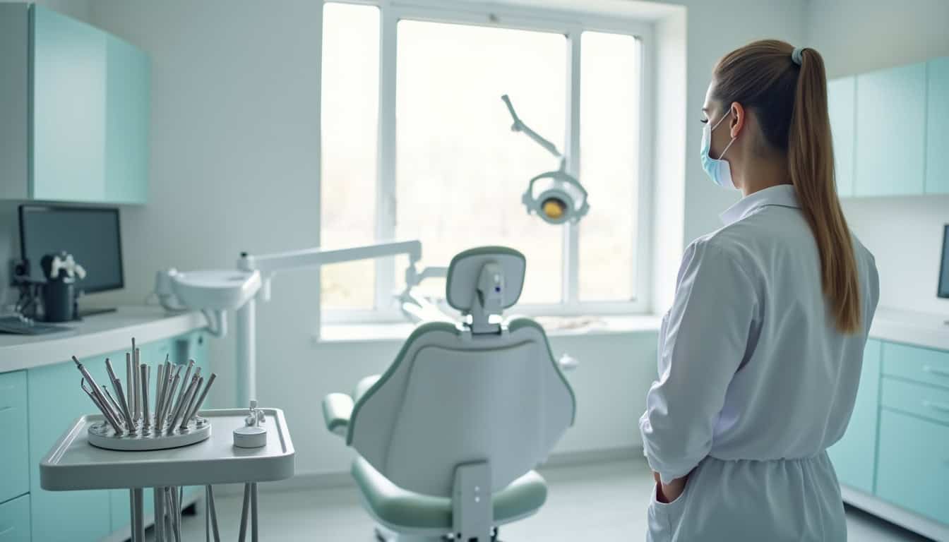 Salle de soins dentaires moderne avec fauteuil et équipements.