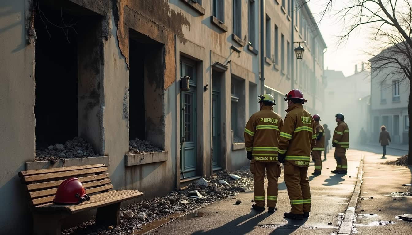 Pompiers en intervention après un incendie dans un bâtiment urbain.