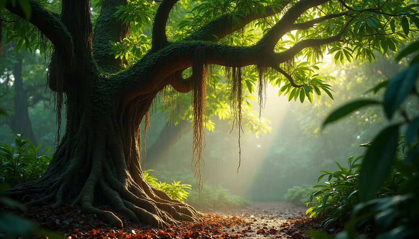 Ancien arbre dans une forêt tropicale luxuriante, rayons de soleil filtrant à travers le feuillage v.