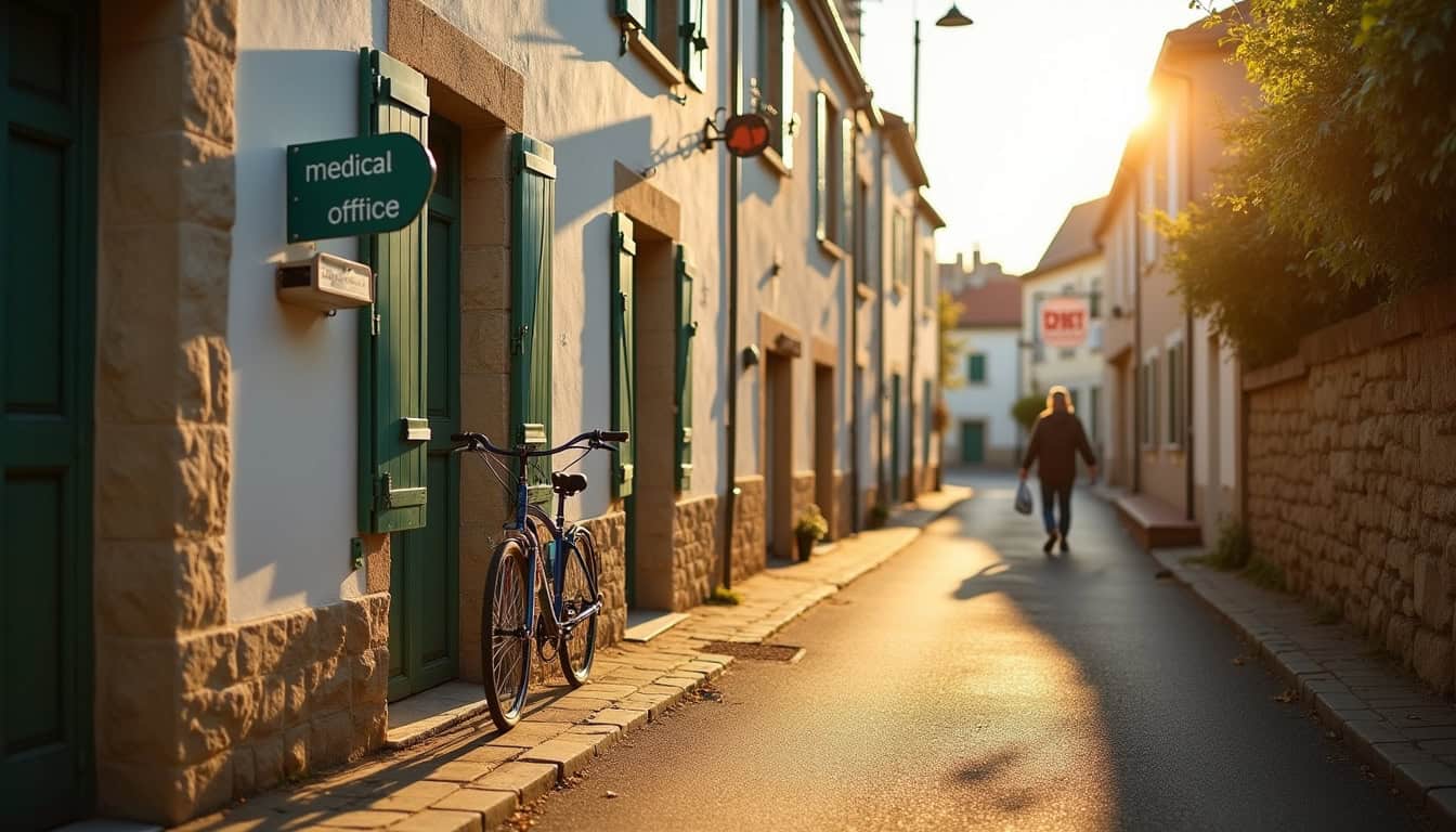 Panneau médical et vélo stationné devant une clinique dans une rue ensoleillée.