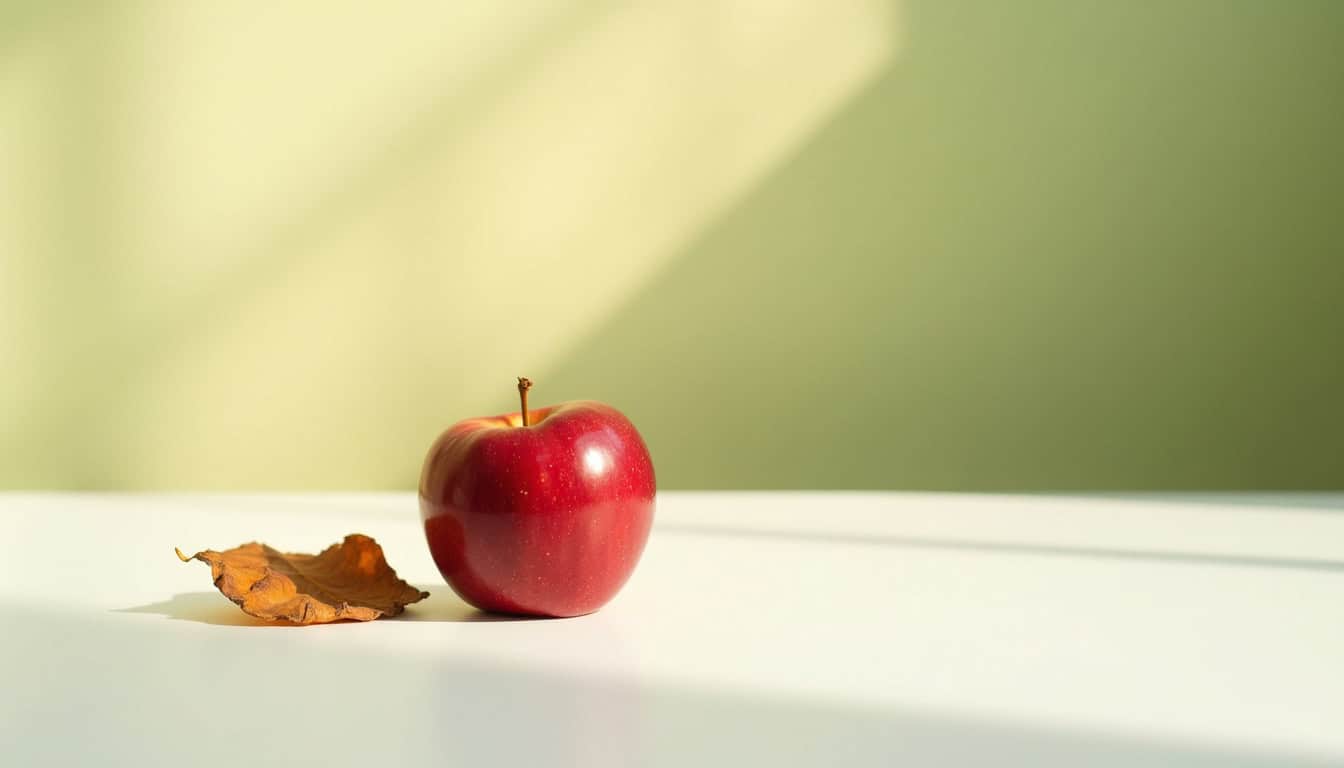 Pomme rouge et feuille morte, symbole de recyclage et gestion des déchets.