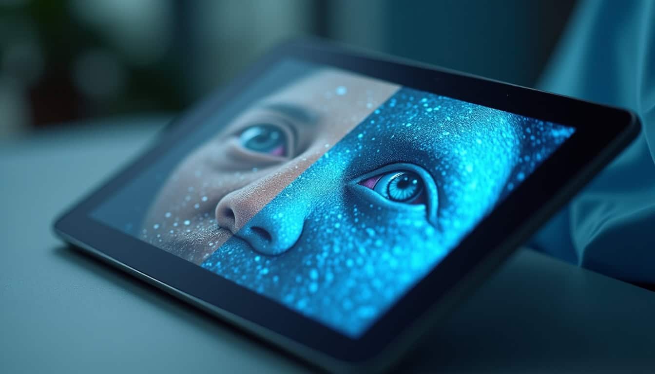 Affichage numérique futuriste avec visage humain en réalité augmentée sur tablette.