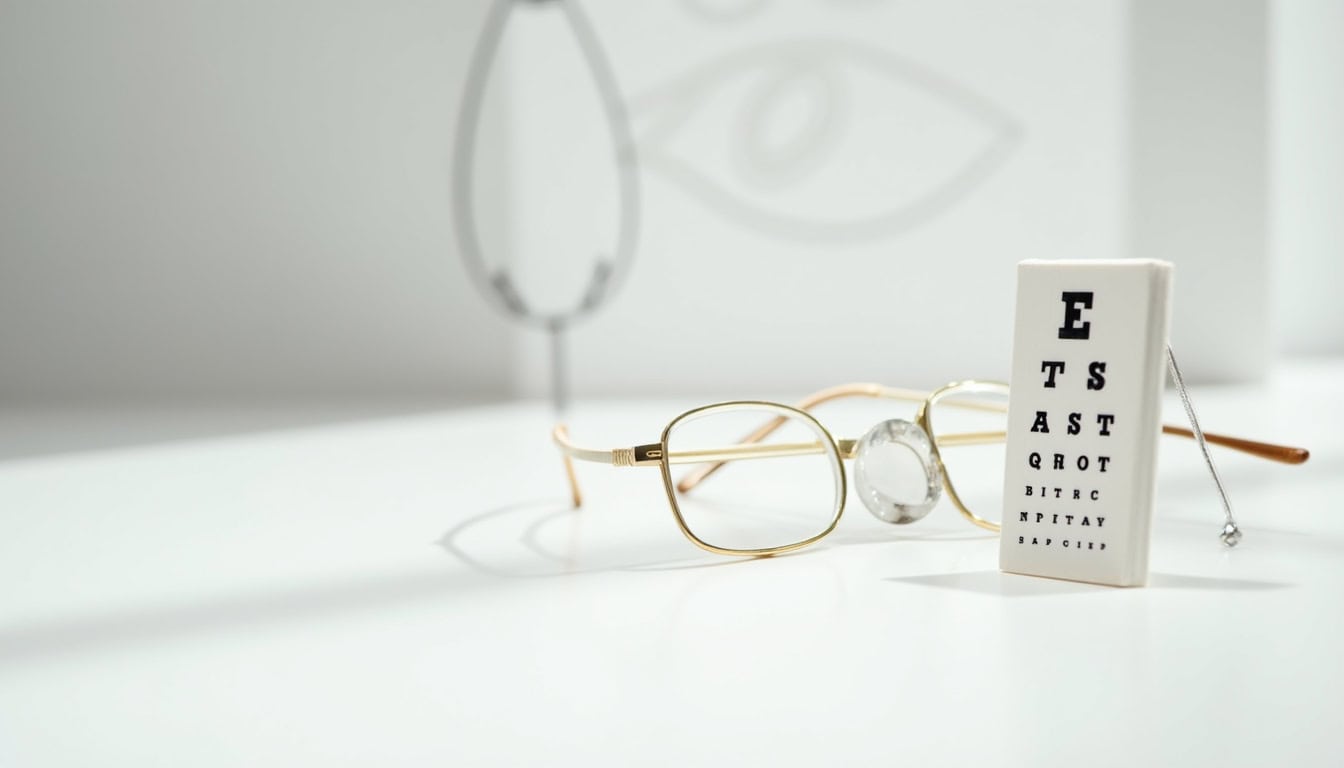 Lunettes de vue modernes avec monture dorée et verres transparents, posées sur une surface blanche.