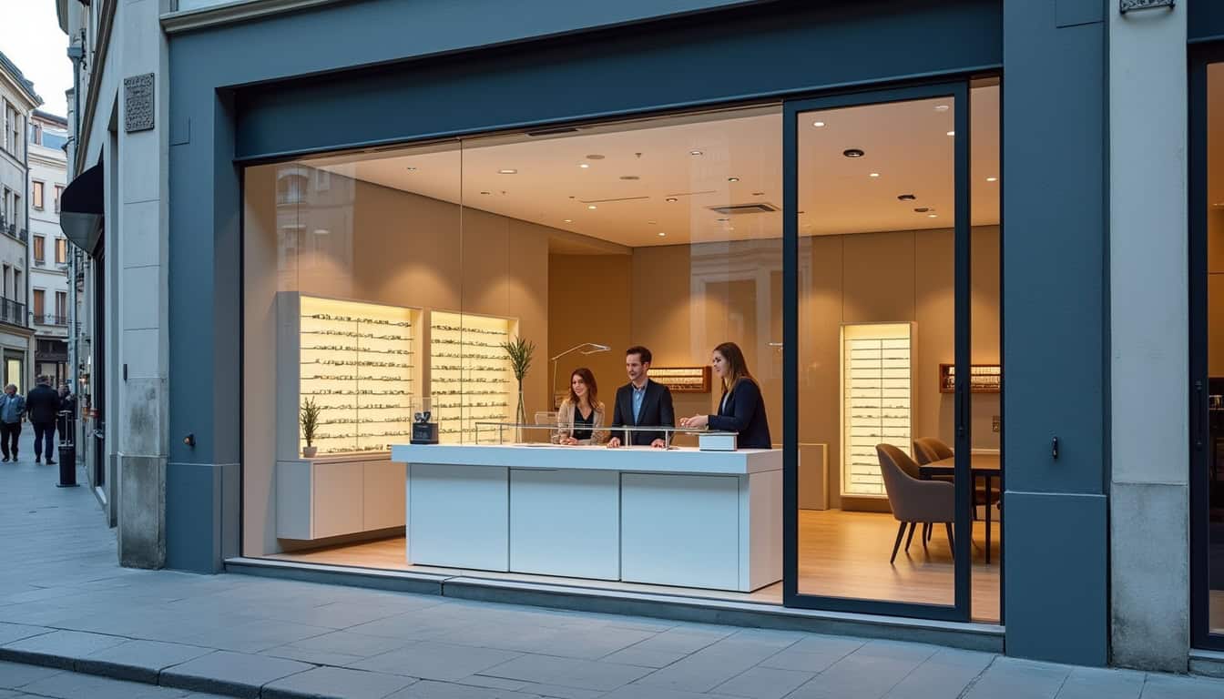 Vitrine d'agence immobilière avec trois agents discutant à l'intérieur, visible depuis la rue.