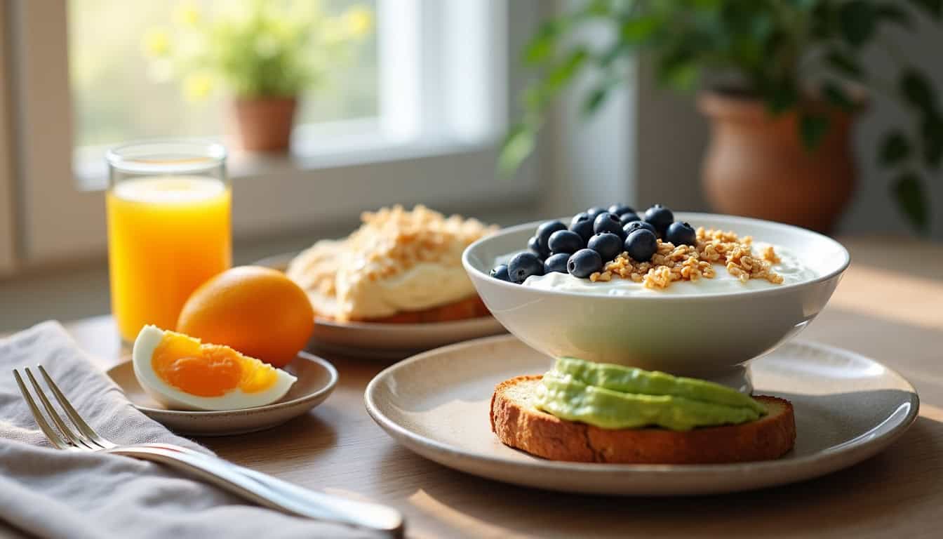Petit déjeuner avec fruits, céréales et jus d'orange frais sur une table lumineuse.