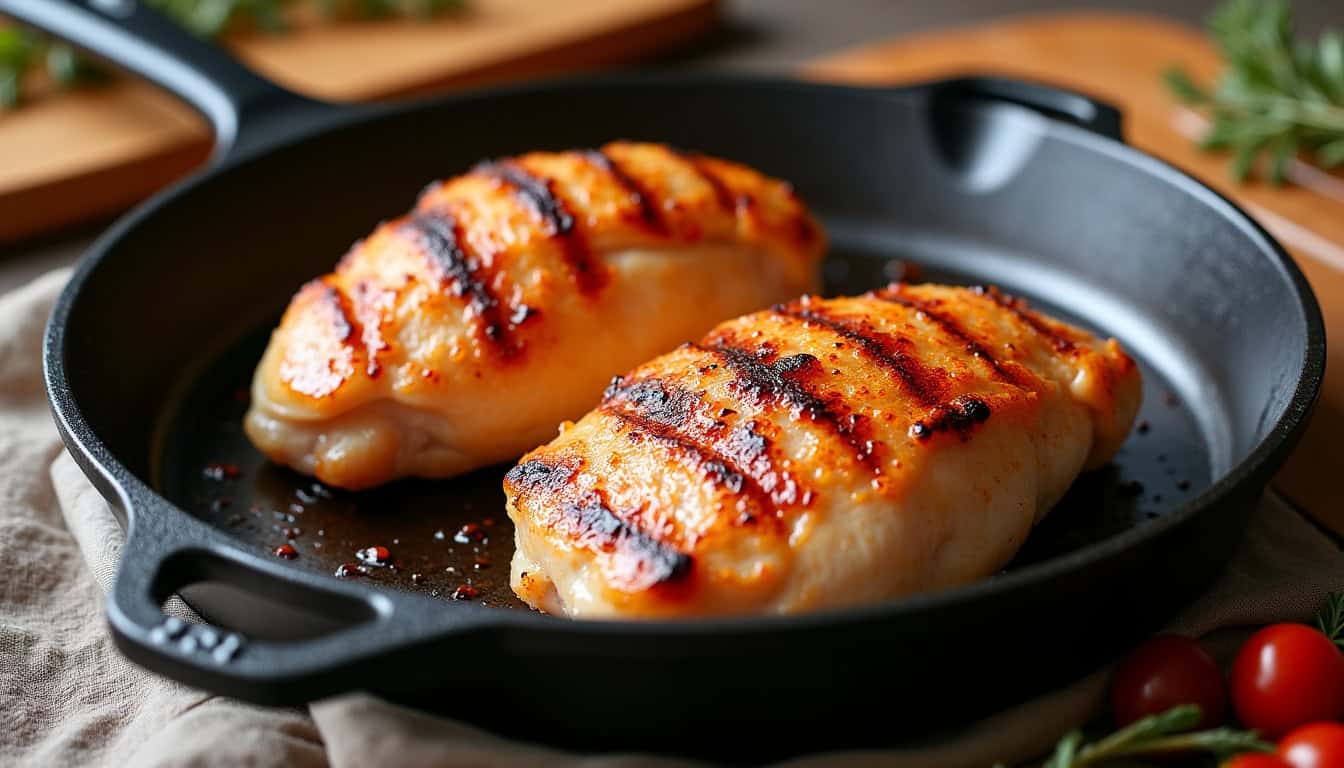 Plat de poulet grillé à la plancha avec marques de cuisson.