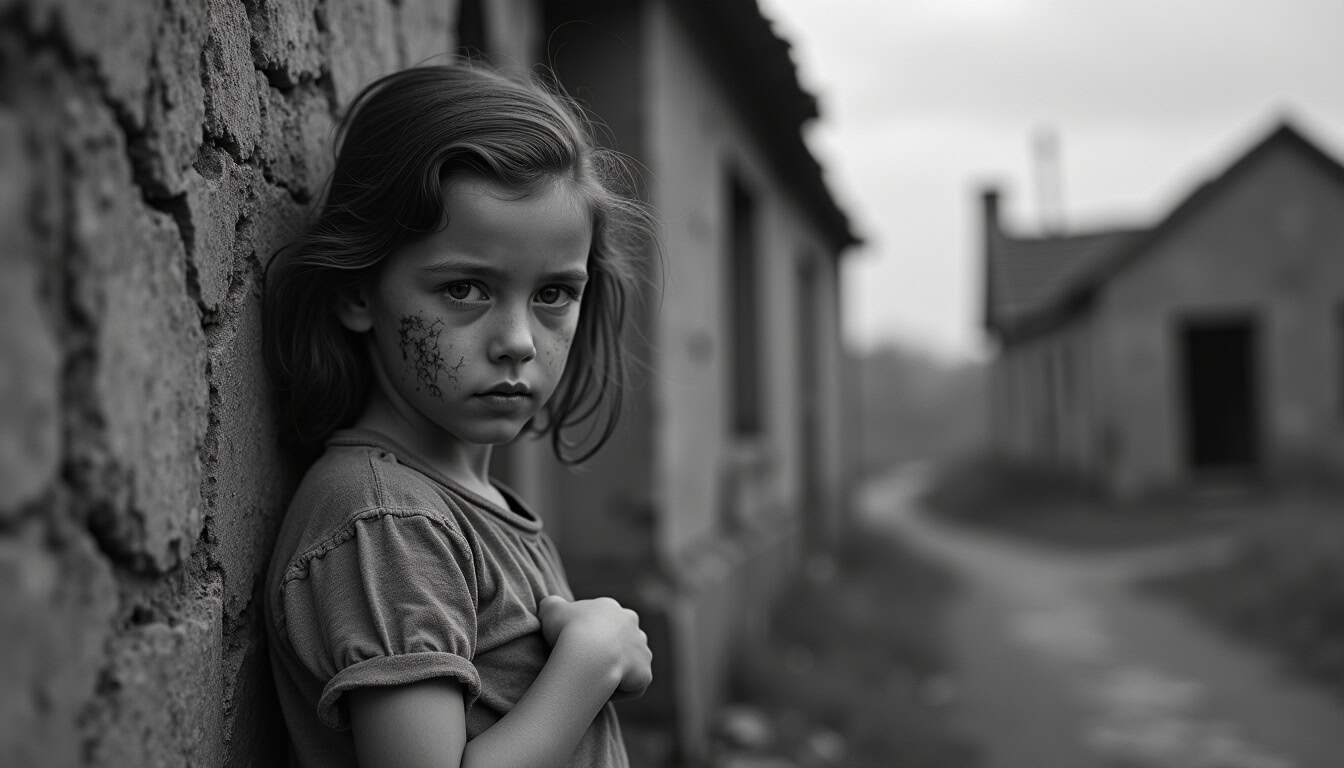 Enfant triste dans un village abandonné, illustrant la pauvreté et l'isolement.