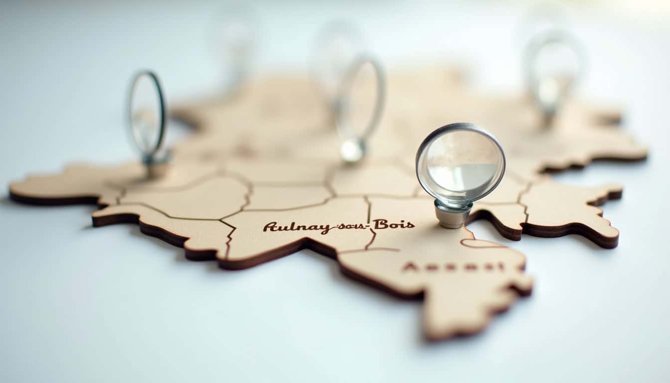 Carte en bois de la région Hauts-de-France avec épingles pour repérer les zones.