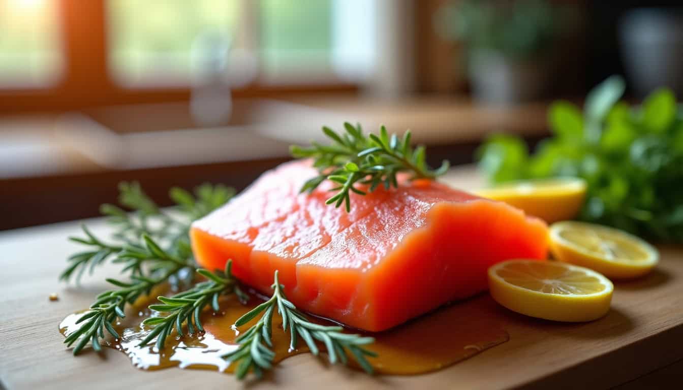 Saumon frais avec citron et herbes, idéal pour vos recettes de poisson.
