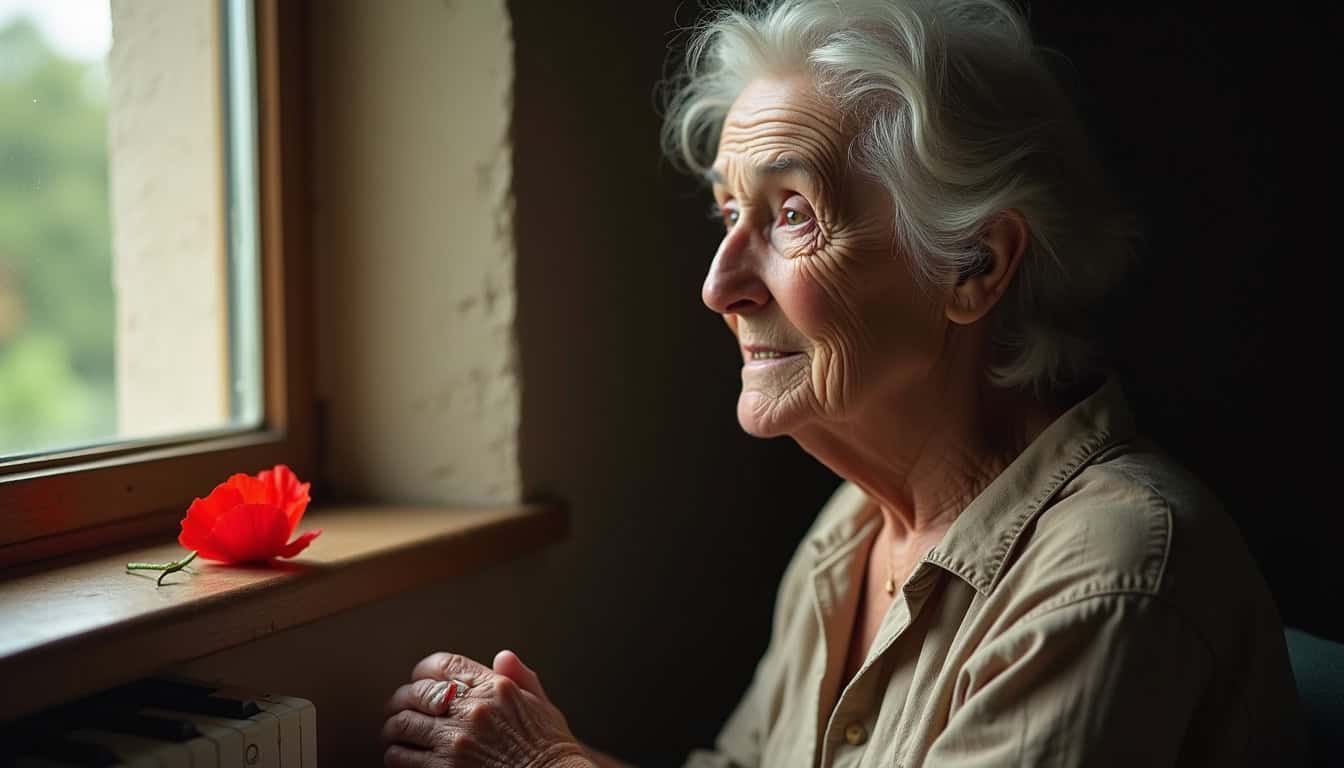 Pensionnée souriante regardant par la fenêtre, symbolisant la tranquillité et la réflexion.