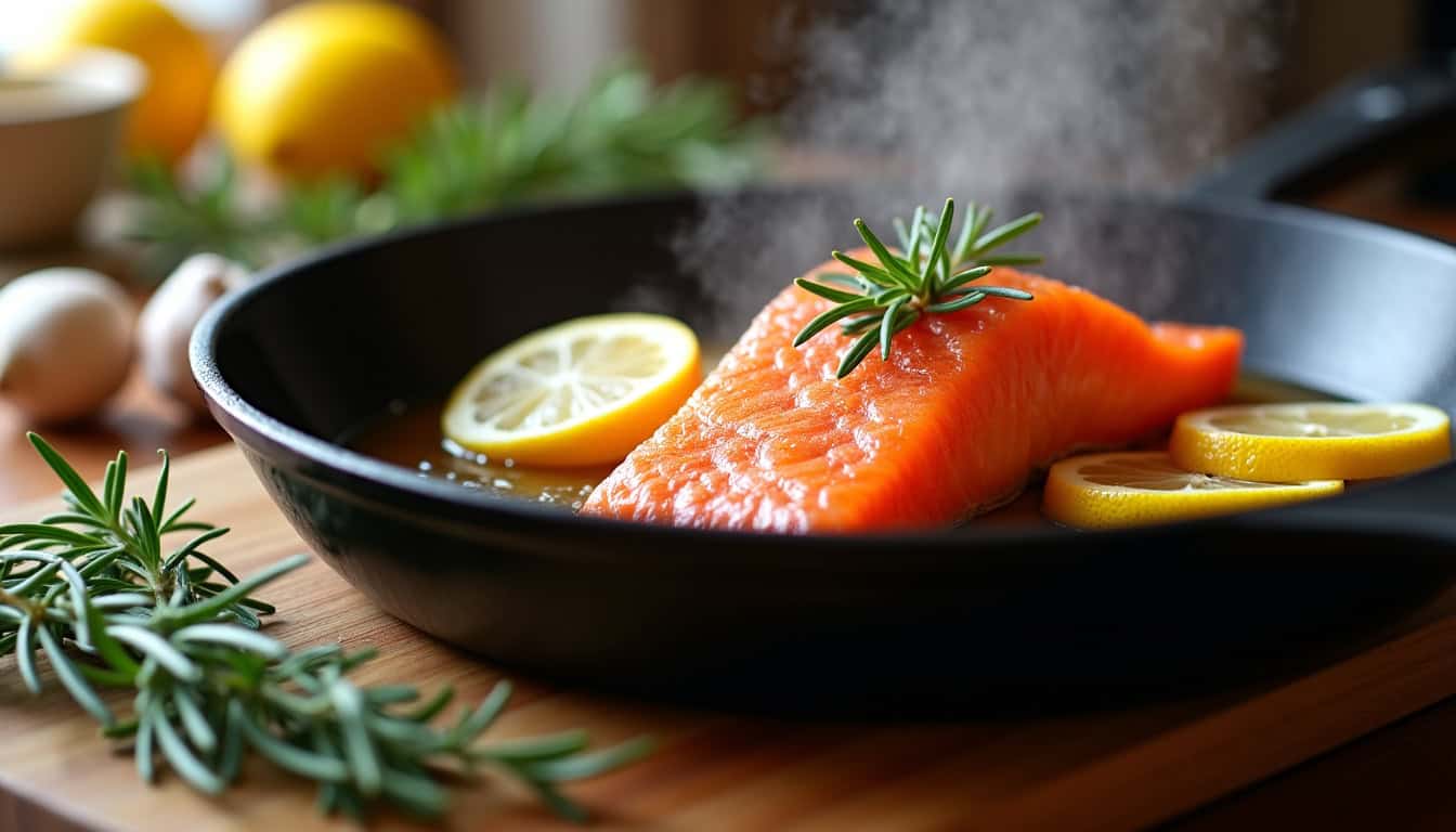 Saumon frais en cuisson dans une poêle, avec citron et herbes pour une saveur optimale.