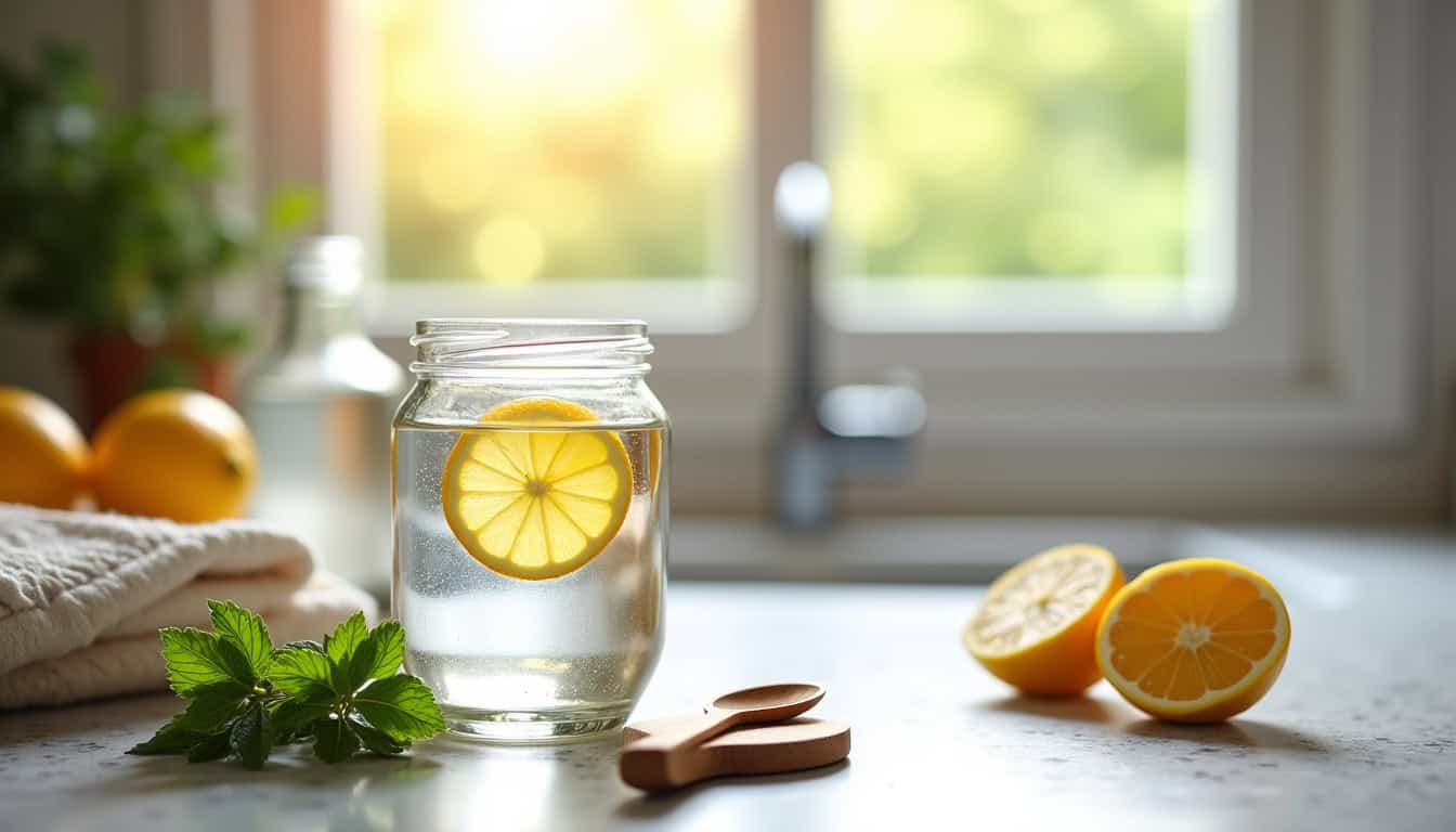 Verre d'eau citronnée avec tranches de citron sur une table lumineuse.