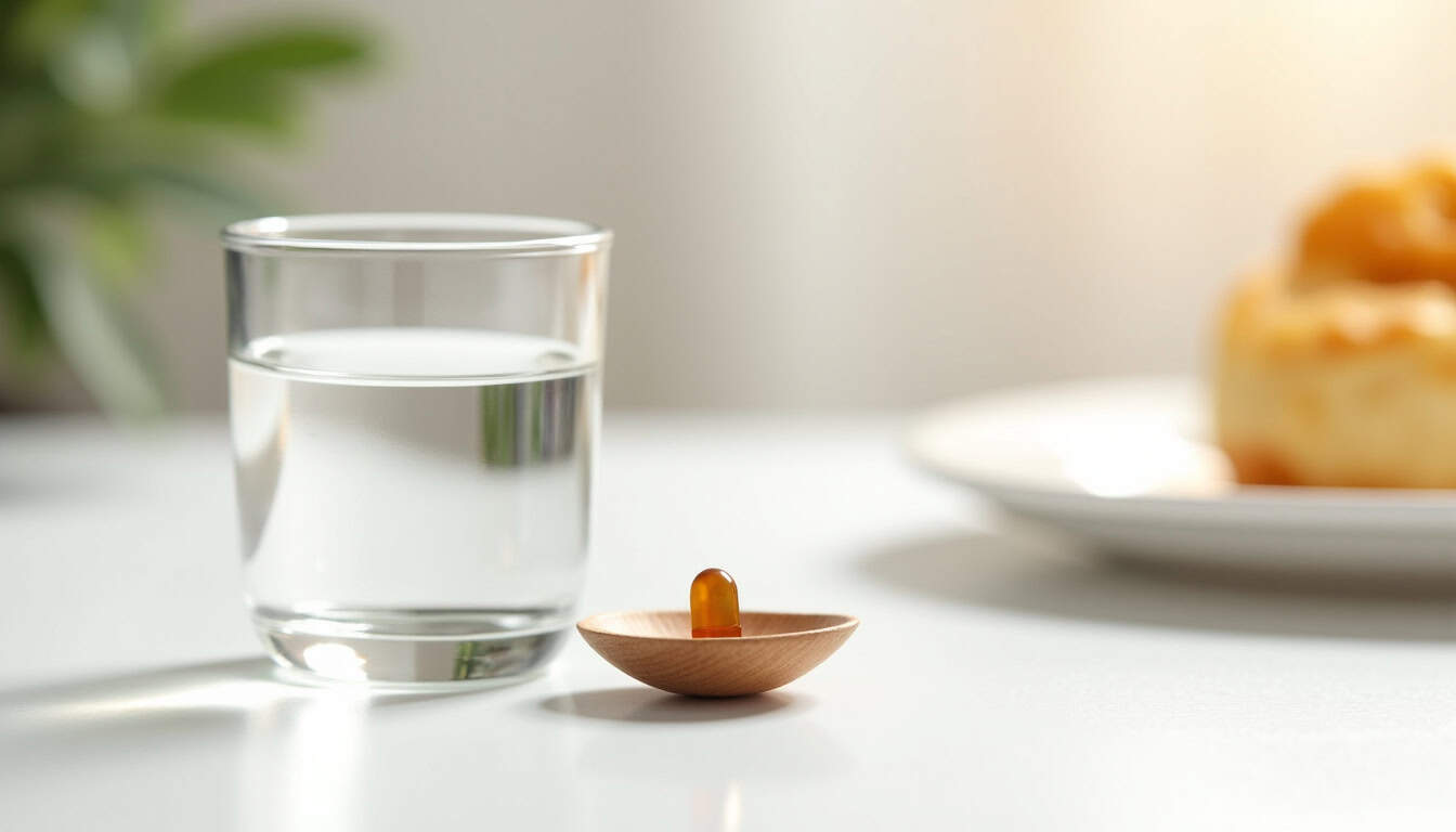 Pillule dans une cuillère en bois avec un verre d'eau à côté, fond flou avec un gâteau.