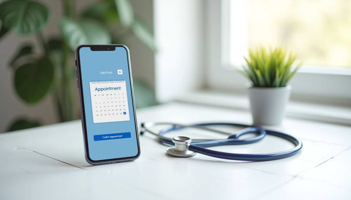 Smartphone affichant une application de prise de rendez-vous médical avec stéthoscope à côté.