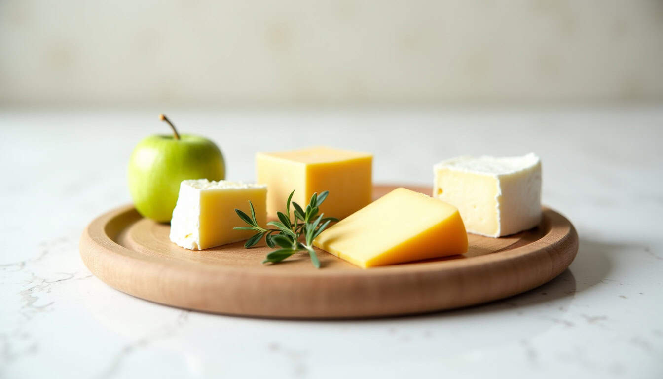 Fromages variés et pomme verte sur une planche en bois.