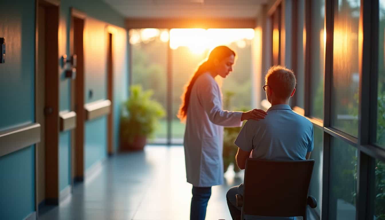 Panneau d'accueil médical avec professionnel de santé et patient dans un couloir lumineux.