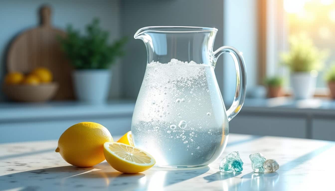 Pichet d'eau avec citron frais sur une table en cuisine lumineuse.