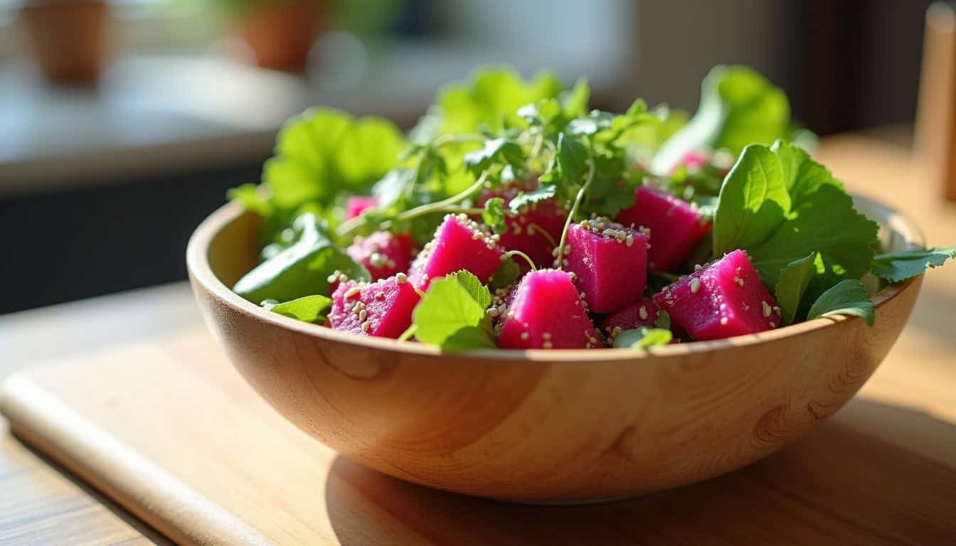 Radis roses frais dans un bol en bois, alimentation saine et naturelle.