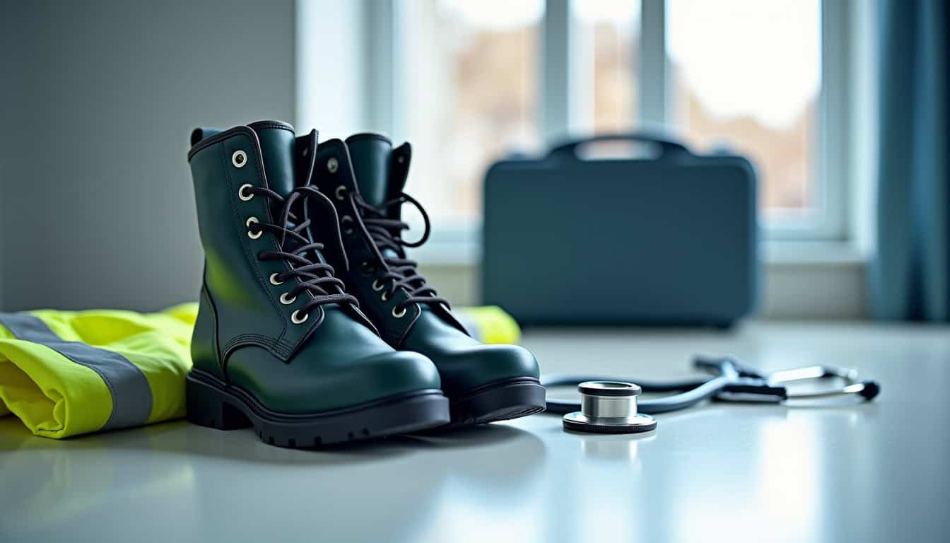 Chaussures de sécurité robustes avec équipement médical sur une table.