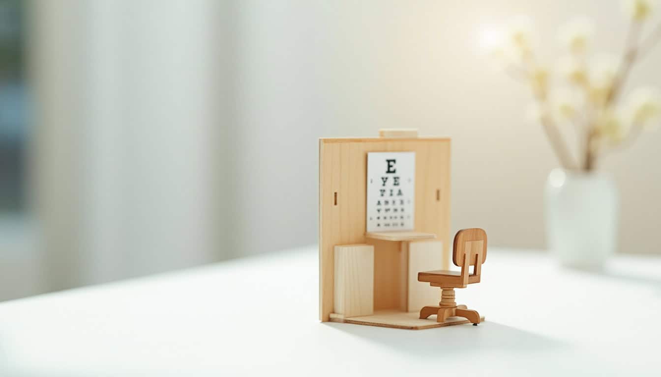 Vitrine miniature avec bureau et tableau d'optométrie pour la réparation ou la collecte d'objets.