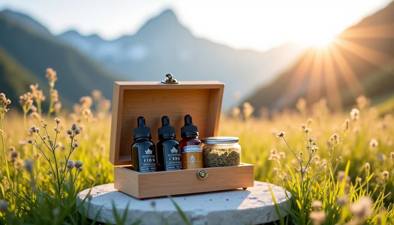 Coffret d'huiles essentielles avec flacons et épices dans un paysage ensoleillé.