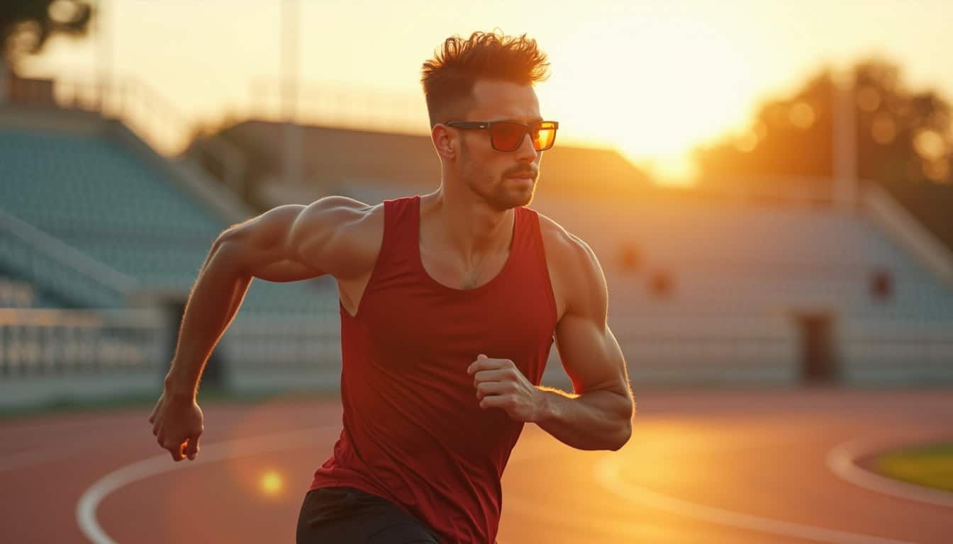 Piste d'atterrissage pour le sport en plein air, course à pied au stade au coucher du soleil.