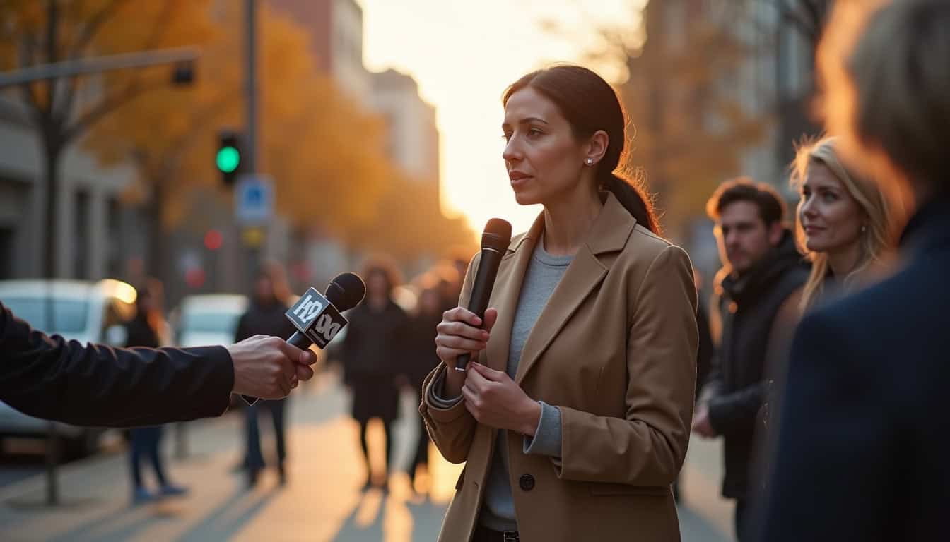 Femme interviewée par un journaliste dans la rue en ville au coucher du soleil.