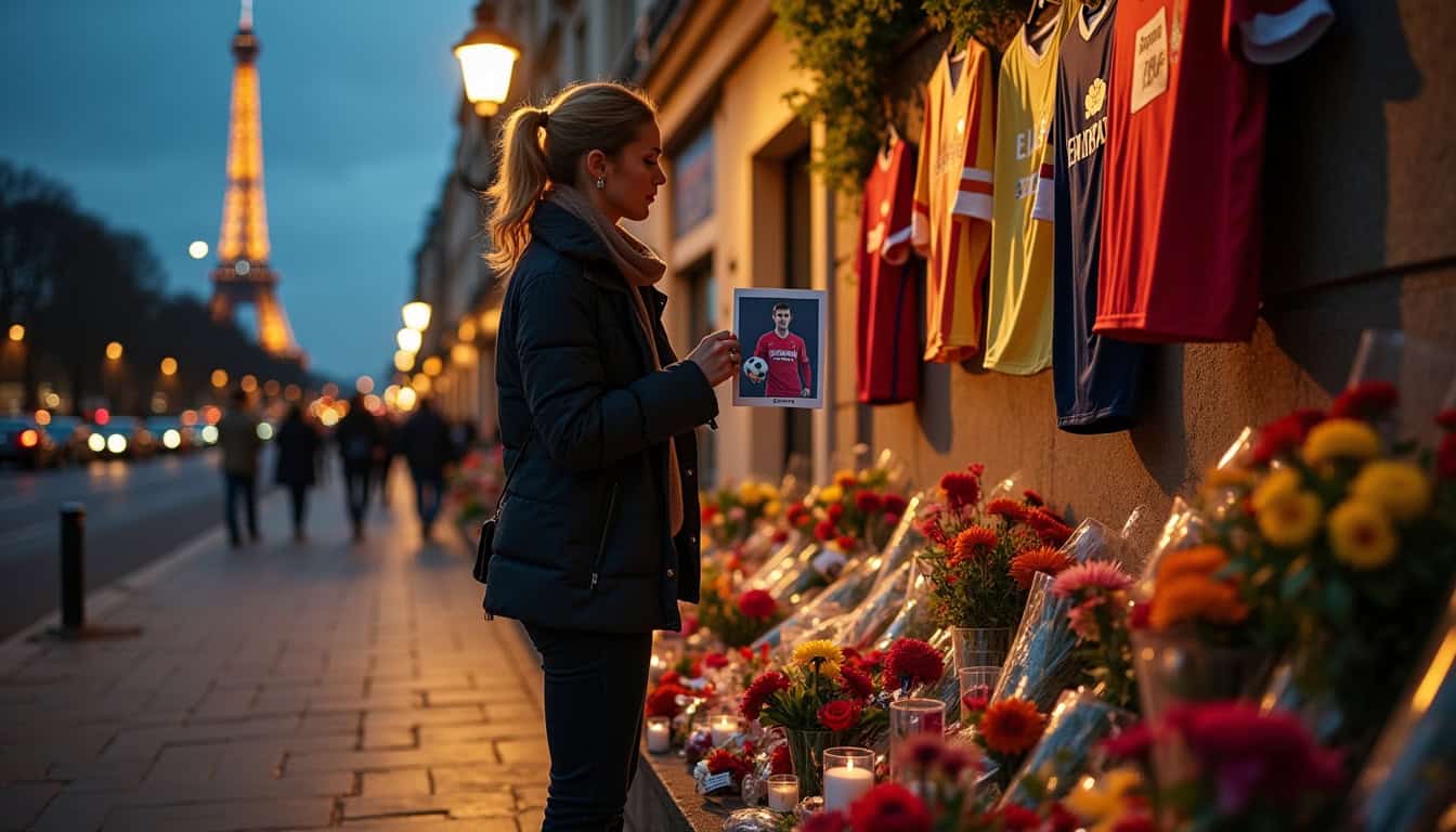 Hommage aux pompiers à Paris avec fleurs et photos en souvenir.