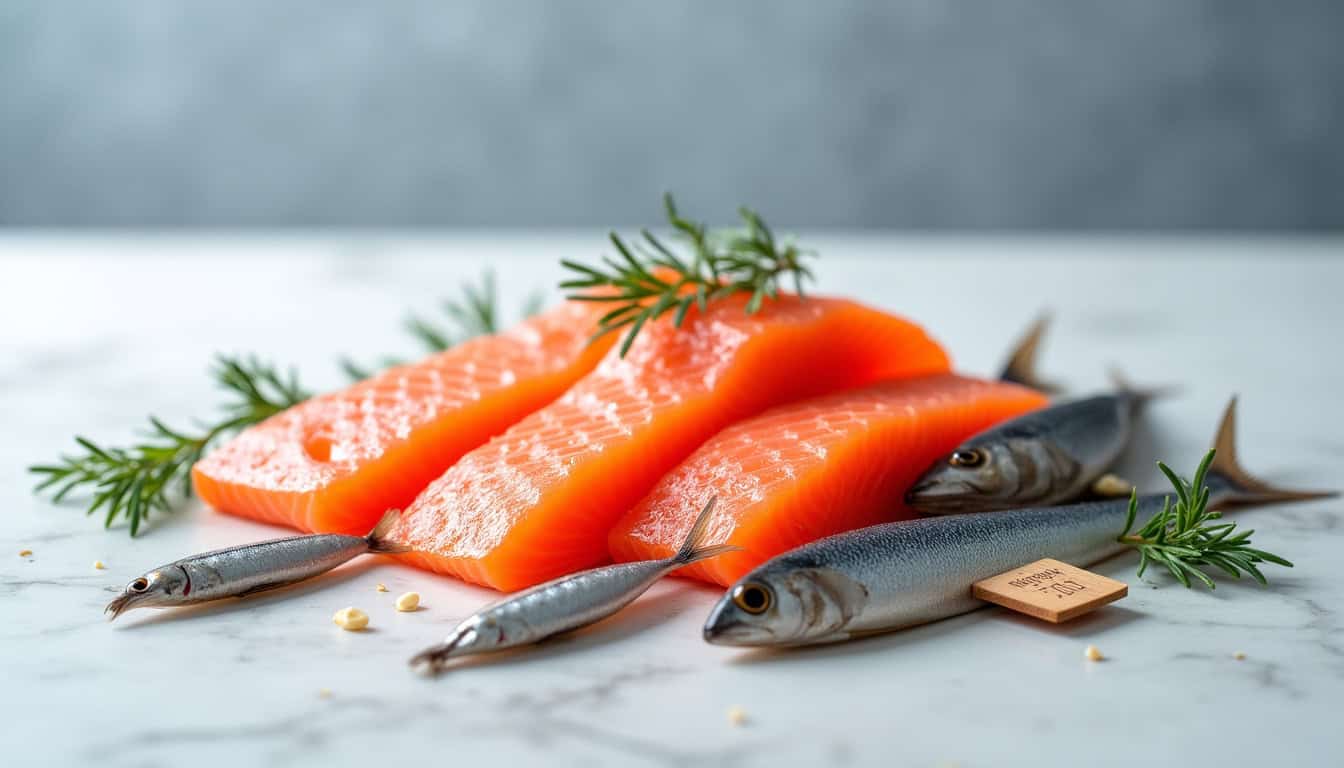 Poissons frais, saumon fumé et herbes aromatiques sur une surface en marbre.