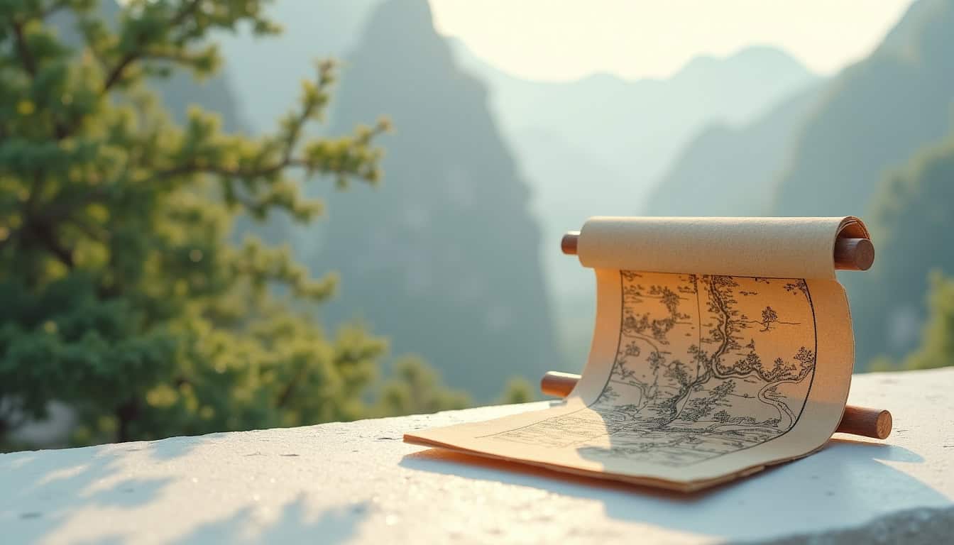 Papiers anciens et carte géographique sur une table en extérieur, paysage naturel en arrière-plan.