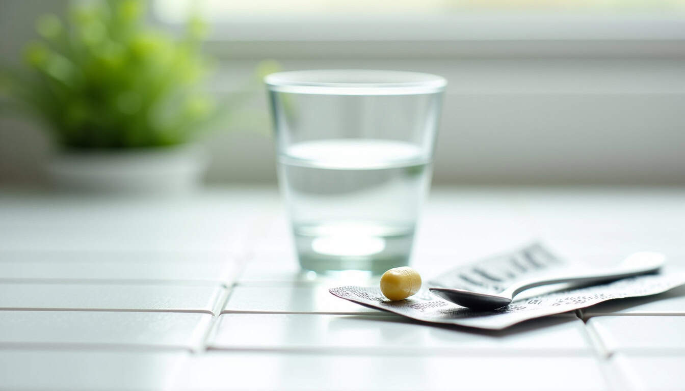 Balayette de médicaments et verre d'eau pour traitement médical.