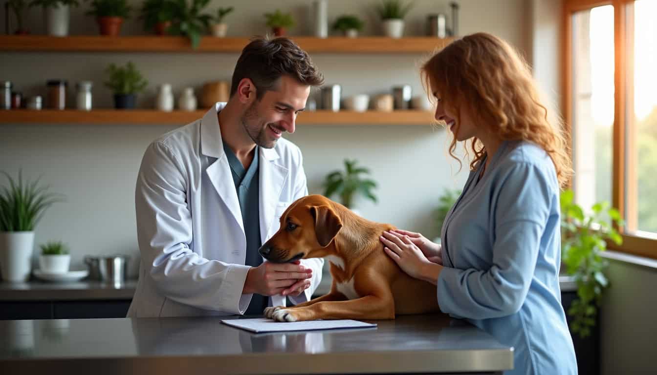 Vétérinaire et propriétaire avec un chien lors d'une consultation vétérinaire.