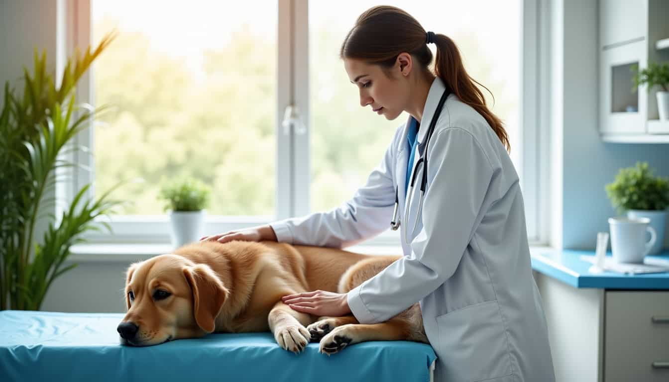 Vétérinaire avec stéthoscope examinant un chien allongé sur la table.