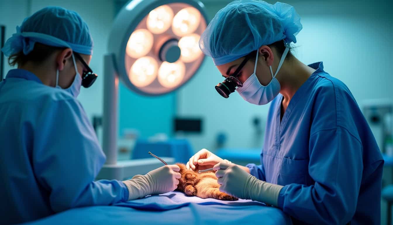 Chirurgiens vétérinaires réalisant une césarienne sur une chatte.