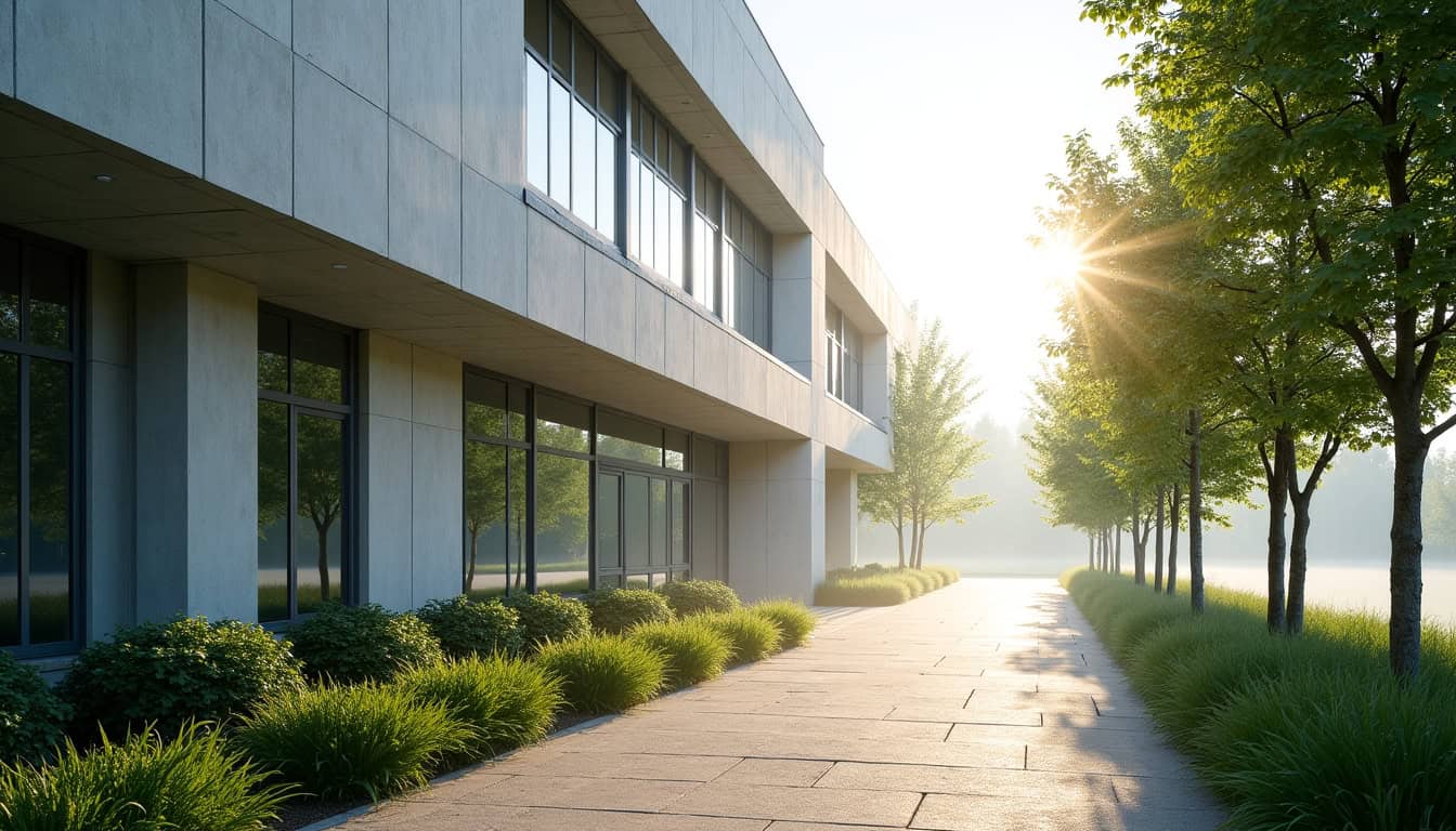 Bâtiment de bureau moderne avec allée paysagée et soleil.