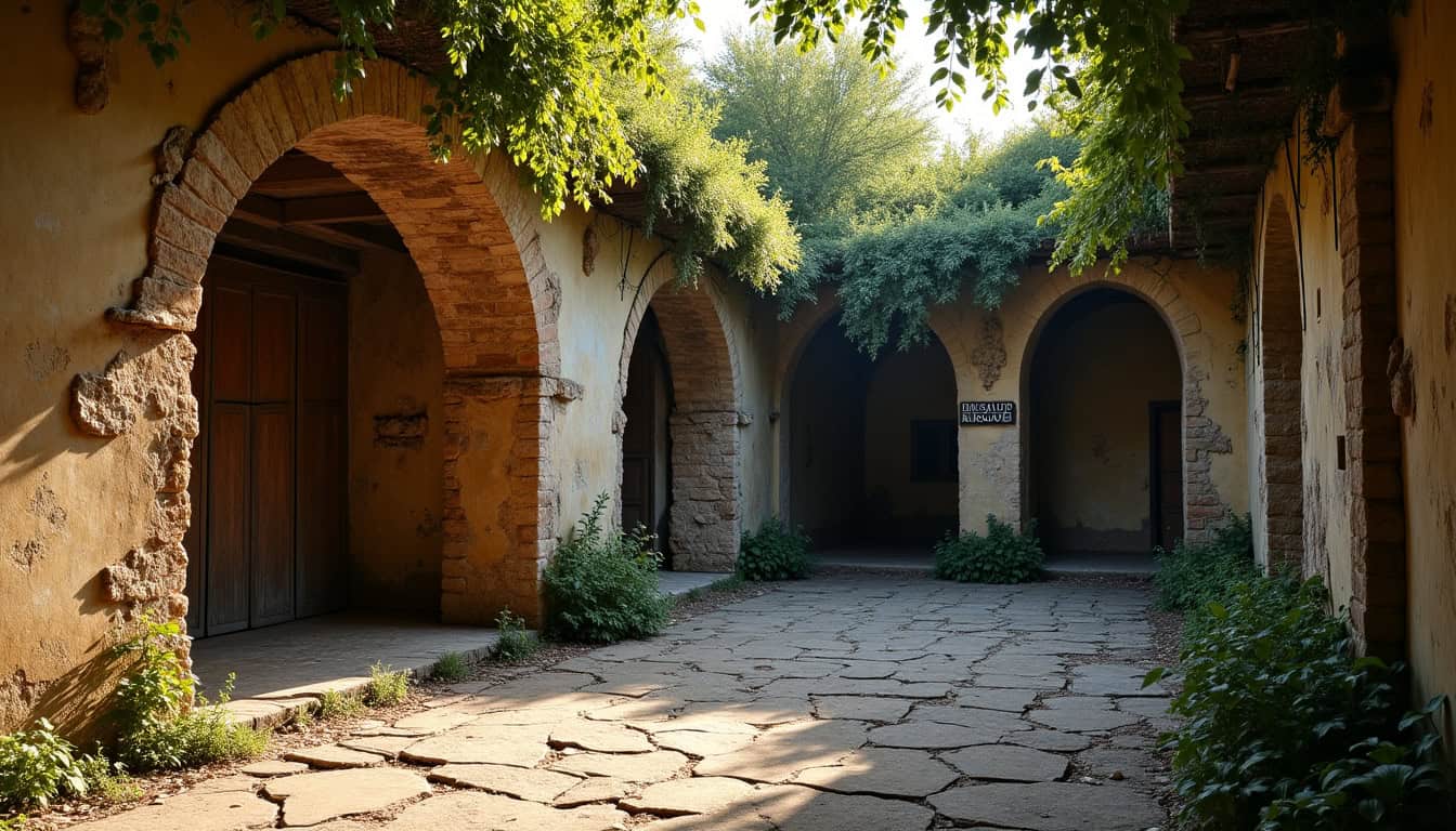Rue pavée dans un vieux village provençal avec arches en pierre et végétation luxuriante.