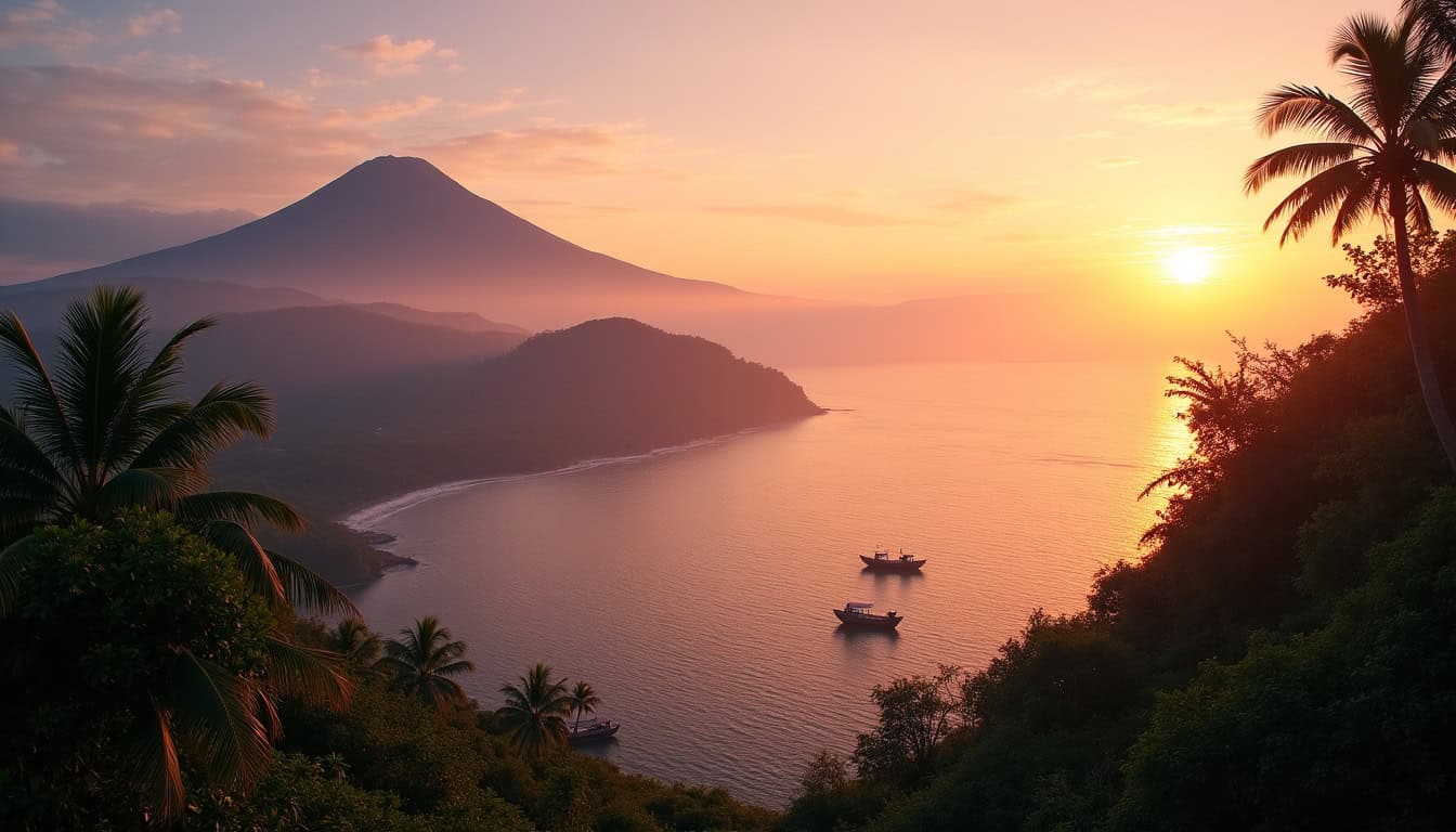 Paysage de côte tropicale au coucher du soleil avec montagnes et mer.