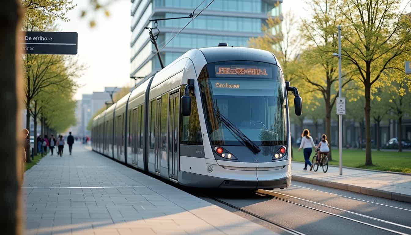 Véhicule de tramway électrique en milieu urbain, prêt à transporter des passagers.