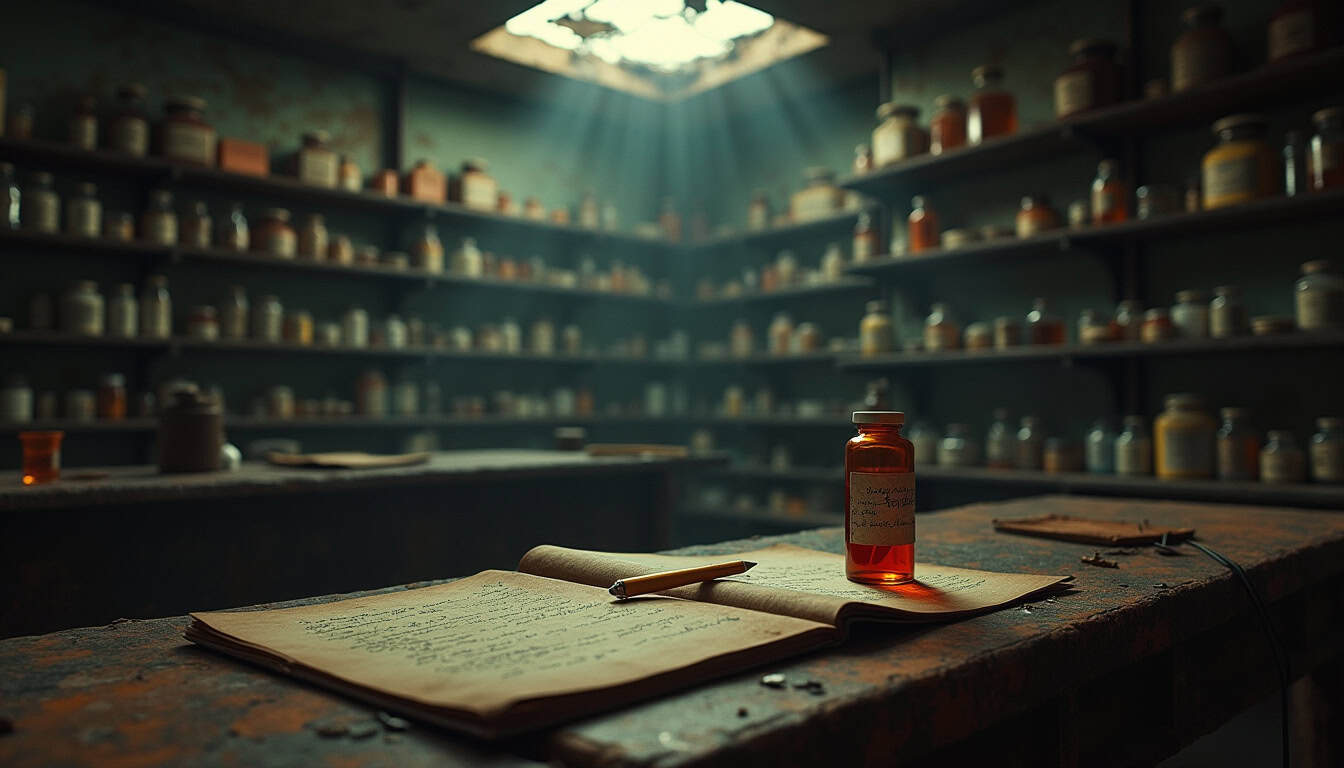 Médicaments et livres dans une pharmacie abandonnée, ambiance mystérieuse.