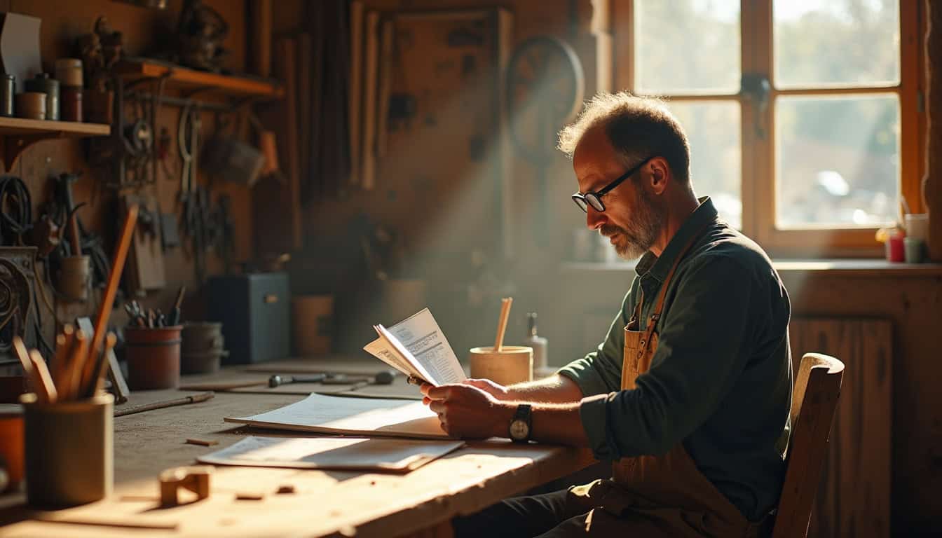 Homme lisant un manuel dans un atelier de réparation automobile lumineux.