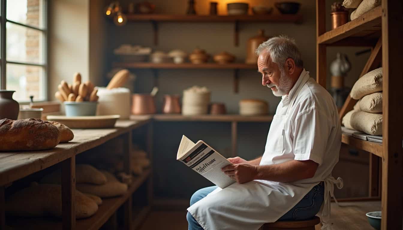 Pâtissier en atelier de cuisine lisant un livre dans une cuisine bien équipée.