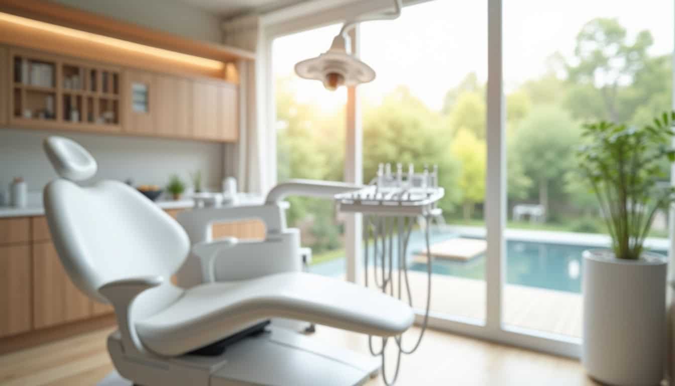 Salle de soins dentaire moderne avec grande fenêtre et vue sur jardin verdoyant.