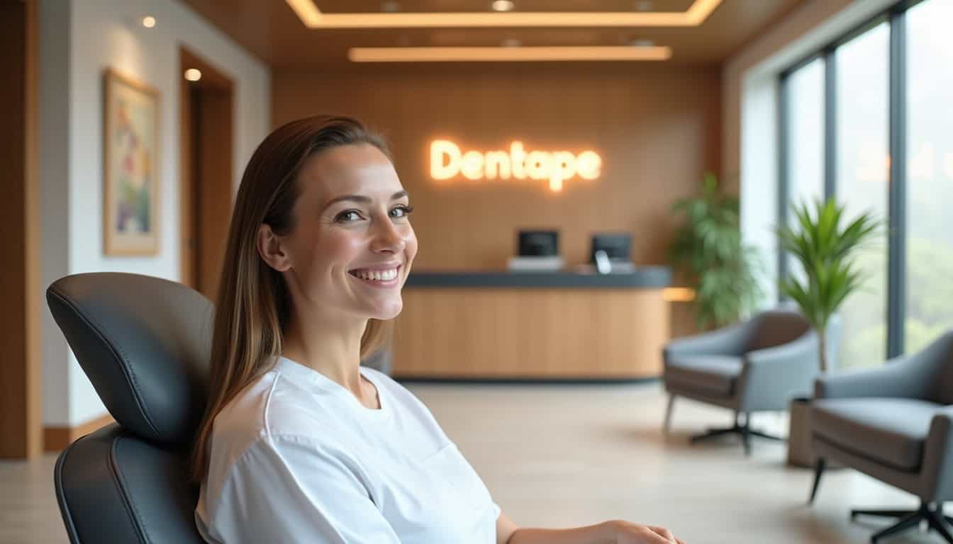 Dentiste souriante dans un cabinet moderne et accueillant.