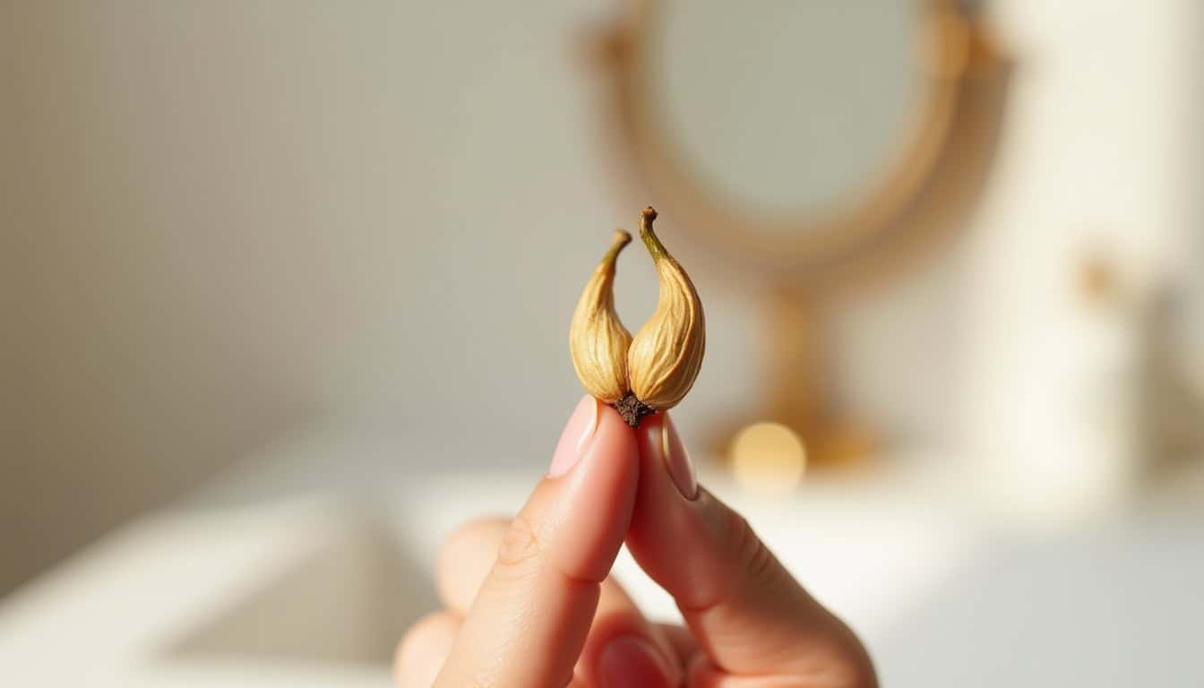 Pomme de terre germée tenue entre les doigts, prêt à être plantée ou jetée.