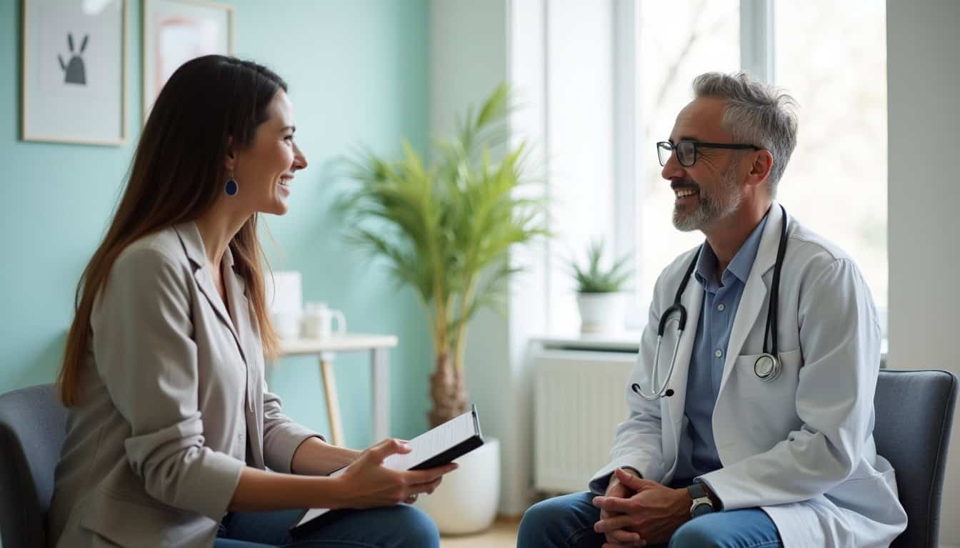 Médecin et patiente en consultation dans un cabinet médical lumineux.